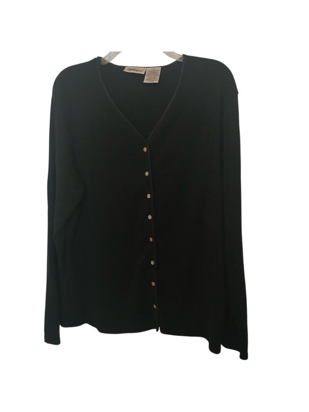 Worthington Size 1X Black Cardigan Cotton Blend Satin Trim V-Neck Button #D49 - Picture 6 of 8